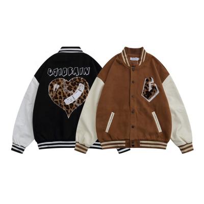 China New QUICK DRY Leopard Love Embroidery Hiphop Jacket Splicing Men PU Baseball Color Contrast Jacket Uniforms for sale