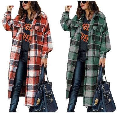 China 2021 Anti-Wrinkle Women's Long Jacket Plaid Print Coat Fashionable Shacket Shirts Flannel Tops With Pockets Ladies Coat for sale