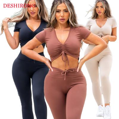 China 2021 Autumn New Body Suit Women's Shorts Sleeve Drawstring QUICK DRY Gym Suit for Women Two Pieces Sports Pants Women's Casual Tracksuit for sale