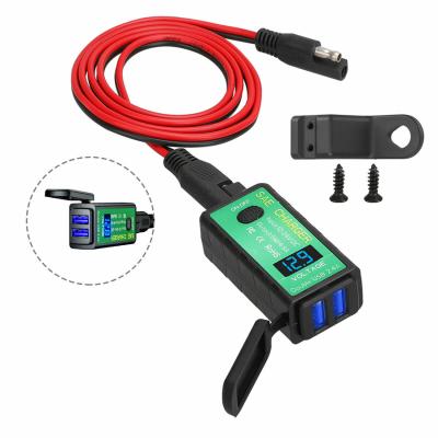 China Used On Motorbike Handlebar Mirror Mount DC 12V-24V Motorcycle Charger SAE To Dual USB Quick Charger Adapter LED Voltage Display for sale