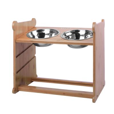 China Sustainable Adjustable Elevated Bamboo Pet Driver Stand Dog Bowl for sale