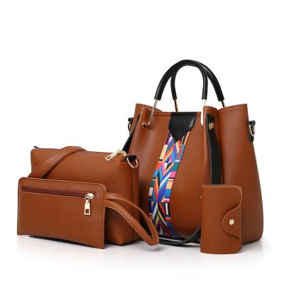 China Wholesale Promotional Preppy Stripe Women Style PU Leather Handbag Purse Shoulder Bag Set 4 pcs for sale