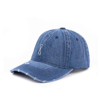 China COMMON Wholesale Unisex Blue Cap Premium 6 Panel Cowboy Embroidery Logo Custom Vintage Washed Jeaned Distressed Dad Hat With Ripps for sale