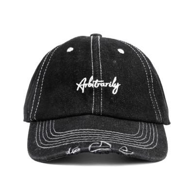 China Low MOQ COMMON Black Color Custom Design Embroidered Logo Silk Lined Distressed Army Sparta Denim Dad Hat For Women 2020 for sale