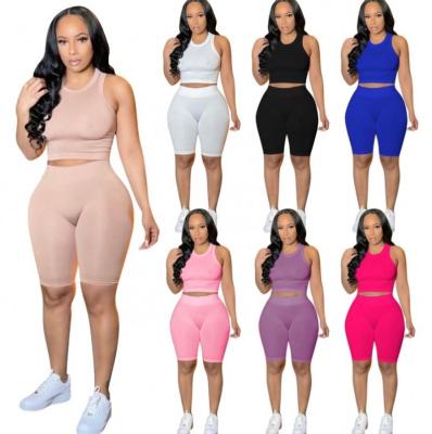 China Free Sample New Solid Color QUICK DRY Ribbed Crop Top Vest And Sweat Stretchy Shorts Women Biker Shorts Set for sale