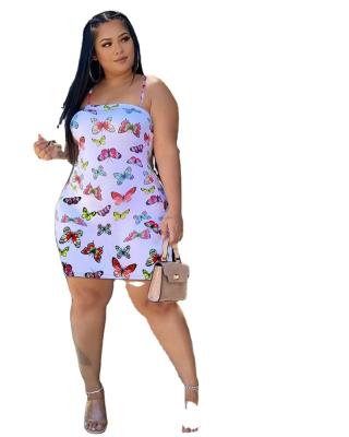 China Free Sample Breathable Plus Size Women Dress Butterfly Printed Casual Dresses Skinny Sleeveless Bodycon Dress Clothing for sale