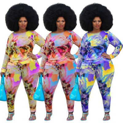 China Free Sample Anti-Static Women Plus Size Set Color Tiedye Casual Print Long Sleeve O Neck Club Wear Pants Two Piece Set for sale