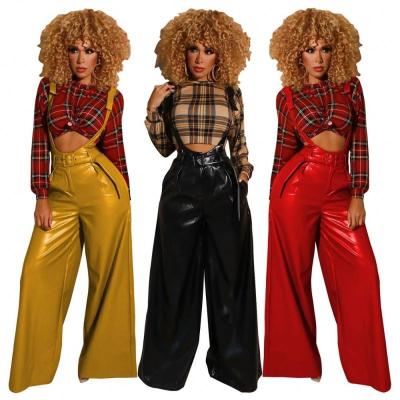 China Free Sample Faux Leather Pants Women Anti-Static Wide Leg Suspender PU Base With Belt PU Leather High Waist Fashion Casual Pants for sale