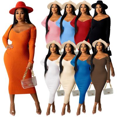 China Amazon Tik Tok New Hot Sale Long Sleeve Deep V-Neckline Midi Black Deep V-neck Sleeveless Anti-Static Long Off Shoulder Rib Slim Fit Sexy Dresses For Women for sale