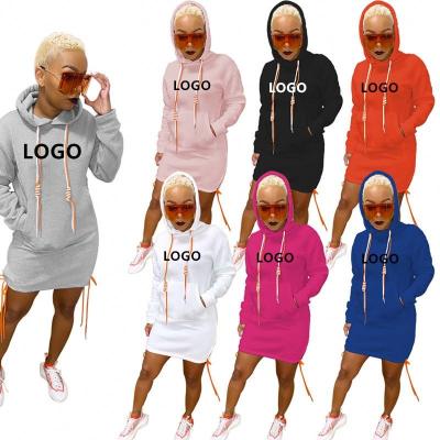 China Free Sample Breathable Woman Dresses Custom Logo Fashion Fall Clothing Solid Colors Sleeve Long Drawstring Hoodies Dress Sweatshirt Dress for sale