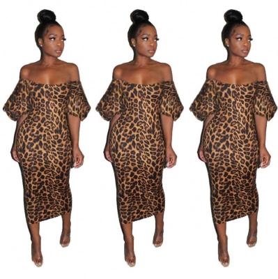 China Free Sample Viable Women Clothing Off Shoulder Floral Nightgown Leopard Print Midi Dress Puff Sleeve Bodycon Fashion Sexy Dress for sale