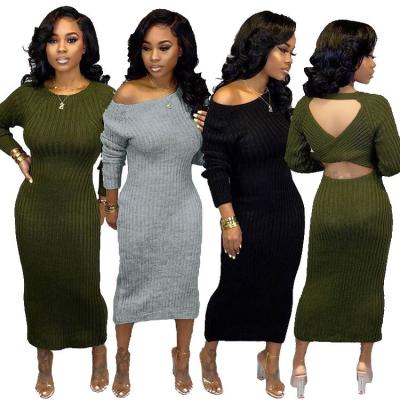 China Free Sample Breathable Backless Knit Dress Women Same African Maxi Dress Casual Maxi Sexy Plus Size Long Sleeve Sweater For Ladies for sale