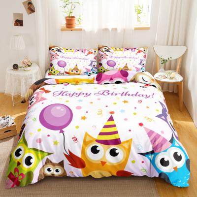 China Viable 3d Digital Printing Cartoon Birthday Owl Microfiber Quilt Cover 3pcs Polyester Children Costume For Four Seasons Bedding for sale