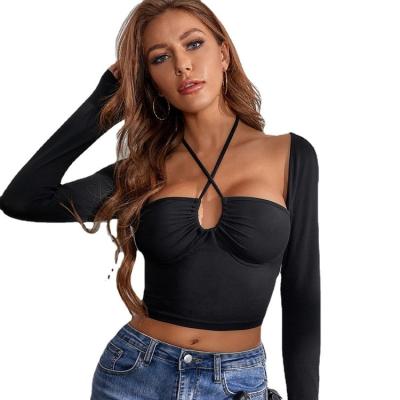 China New Arrival Women's Blouse Women's Long Sleeves Square Collar Anti-Shrink Crop Top Thin Cross Strap Short Shirt for sale