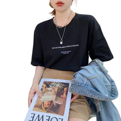 China New Anti Wrinkle Letters Anti-Wrinkle Ladies 100% English Cotton Customize Sleeved T-shirt Short Simply Top for sale