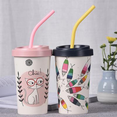 China Sustainable Custom Logo Compostable Bamboo Fiber Threaded Cup Coffee Mug Takeaway Cup With Straw for sale