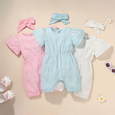 China Short Sleeve Summer Baby Clothes Romper Girl Lace Shorts Sleeve Overalls Newborn Bow Headband 0-12Months for sale