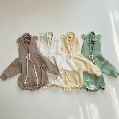 China Autumn Korean New Arrival Solid Long Sleeve Baby Rompers With Hoodie Sweatshirt Romper for sale