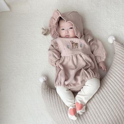 China Long sleeve hot sale baby clothes long sleeve ruffle printed deer flower knitted baby rompers with hat for sale