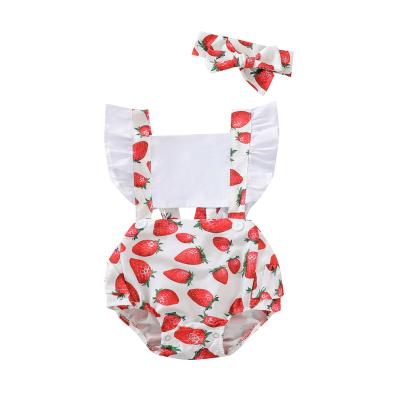 China Summer Sleeveless Babies Clothes Strawberry Watermelon Ruffle Baby Rompers Headband Baby Romper Set for sale