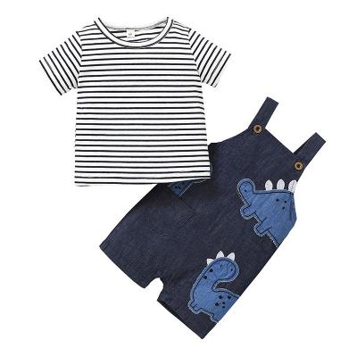 China Wholesale Breathable 2pcs Stripes Top Short Sleeve T-Shirt And Cardboard Overalls Pants Baby Boy Clothing Sets for sale