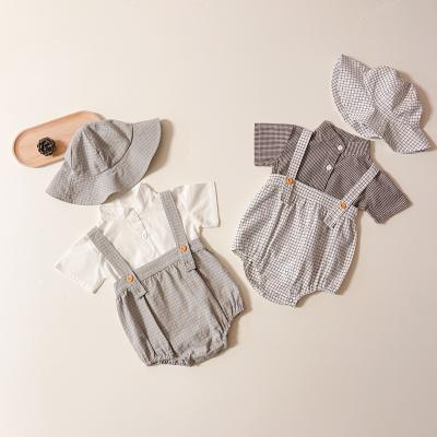 China Wholesale Breathable Baby Boy Clothes Toddler Plaid Shirt Suspender Romper Set Hat 3 Pieces Baby Boy Clothing Set for sale