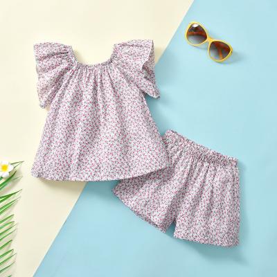 China Breathable Summer Kids Clothing Girl Flower Ruffle Two Piece Set Chiffon Tops And Shorts Girls Clothing Set for sale