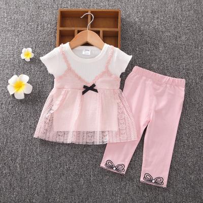 China Summer baby breathable clothing sets solid lace top and bow pants boutique pants kids girls dress sets for sale