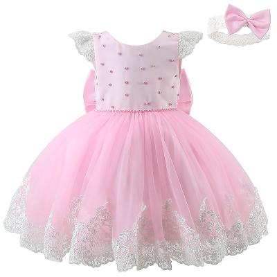 China Hot Sale Breathable Baby Girl Dress Pearl Party Widding Princess Kids Girl Dress With Headband for sale