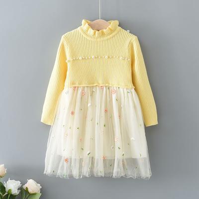 China New Arrival Flower Mesh Thick Long Sleeve Girls Sweater Knitting Dress Kids Breathable Girl Dress for sale