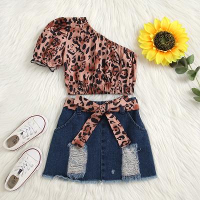 China New Arrival Girls Dress Sets Breathable Leopard Top And Denim Skirt Kids Clothing Set 2021 For Girl for sale