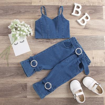 China High Quality Breathable Girls Clothing Sets Denim Strap Top And Pants Kids Children Two Piece Set for sale