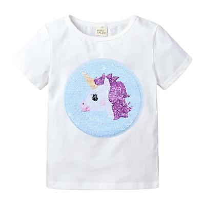 China Reversible Unicorn Cotton Short Sleeve Children Girls T-shirt Summer Girls Breathable Sequin T-shirts for sale