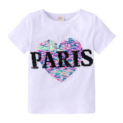 China Breathable Wholesale Girls Sequin Letter Printed T-shirts Short Sleeve Cotton Kids T-shirt Girls for sale