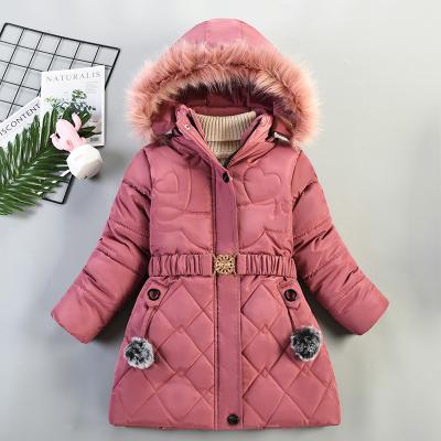 China Wholesale Kids Girls Winter Windproof Jacket With Heart Pattern Fur Collar Plus Long Velvet Style Outerwear for sale