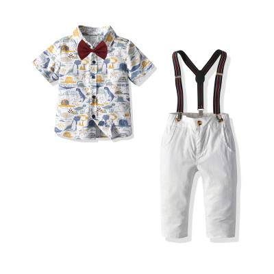 China Formal Summer Children Kids Boys Gentleman Clothing Set Short Sleeve Dinosaur Shirt+Suspenders Pants For Wedding for sale