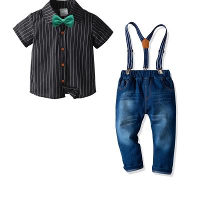 China Boys Formal Clothing Sets Kids Boys Sleeve Stripe Bowtie Tops +Suspender Short Denim Pants Sportswear Outfit for sale