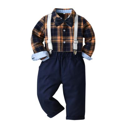 China Kids Formal Wear New Arrival Long Sleeve Plaid Shirt And Pants Overall Solid Boys Clothes Set for sale