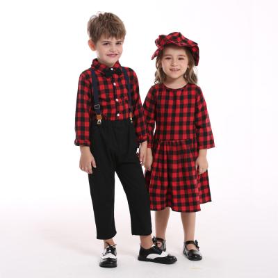 China Christmas Baby Boy Casual Clothing Sets Red Plaid Overalls Two Pieces Kids Clothing Boy Clothes Wholesale for sale