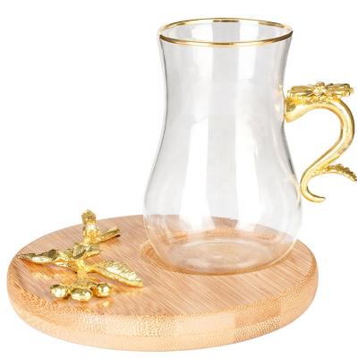 China 6 Sets Viable Glass Mug With Gold Flower Shape Design Wooden Stand for sale