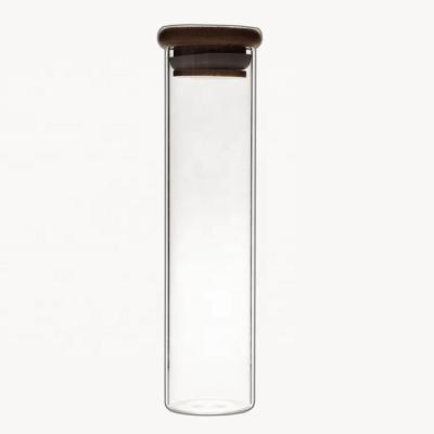 China Viable Glass Sealed Bamboo Trolley Spice Jars Clear Glass Cereal Jar Cover Display Bottle Glass Jar for sale