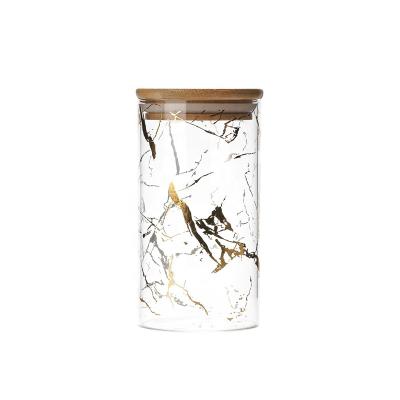 China High Borosilicate Glass Sustainable Kitchen Storage Tank Square Bamboo Cover Sealed Tan Marbling Spice Jars for sale