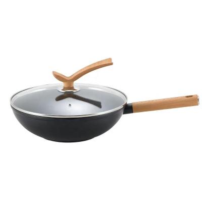 China Korean Traditional High Quality Soft Spray Solid Wood Handle Large Capacity 28cm/30cm/32cm Wok Pan with Rough Surface and Durability for sale