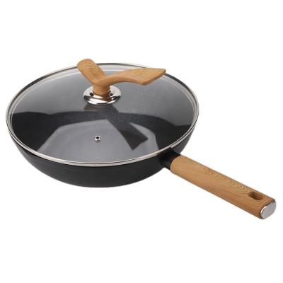 China Factory Outlet Traditional Soft Spray Korean Solid Wood Handle Large Capacity 28cm/30cm/32cm Wok Pan with Rough Surface and Durability for sale