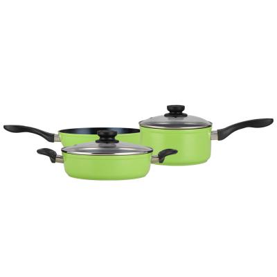 China Sustainable Green Aluminum Cookware Set Non Swirl Bottom Fried Steak Stick Cookware Set for sale