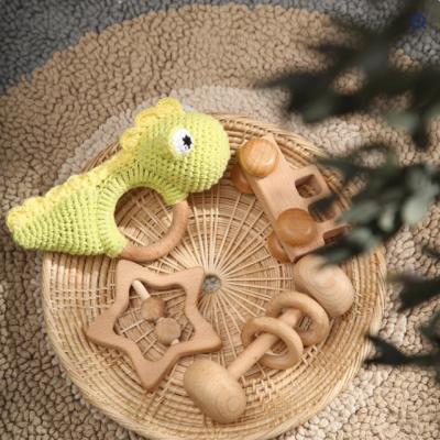 China Fashion Dino Handmade Crochet Rattle/Teether, 4 Piece Baby Gift Set for sale