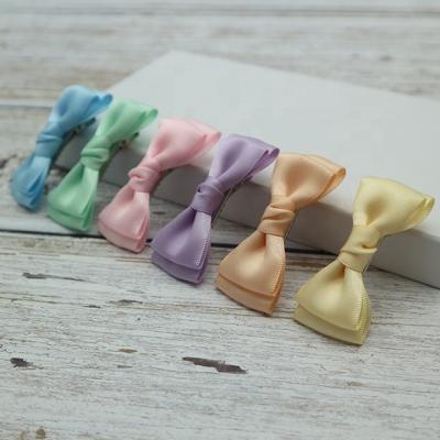 China Beautiful soft light colors handmade ribbon bow with hair clips for little kids, small satin baby hair bow clips for sale