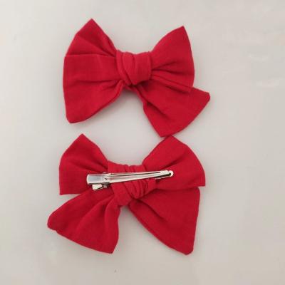 China Linen bows hair clip 10cm red color cotton linen bow hair clip,hot sale girls linen bows hair bows clips for sale