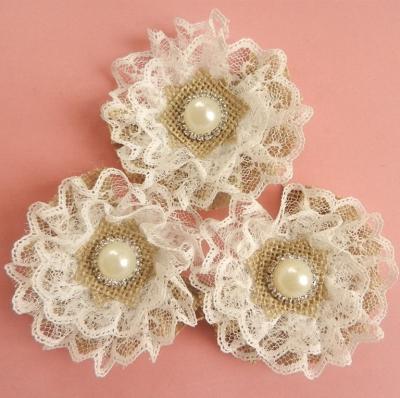 China Handmade Burlap Lace Flower Burlap Flower Pearl Wedding Flower Wedding Decoration for sale