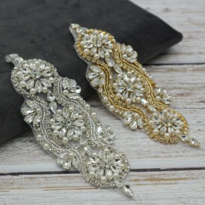 China Flatback 3 Colors Rhinestone Crystal Applique for Wedding Sash and Dress, Wholesale Glue on Beaded Applique for Decorations for sale